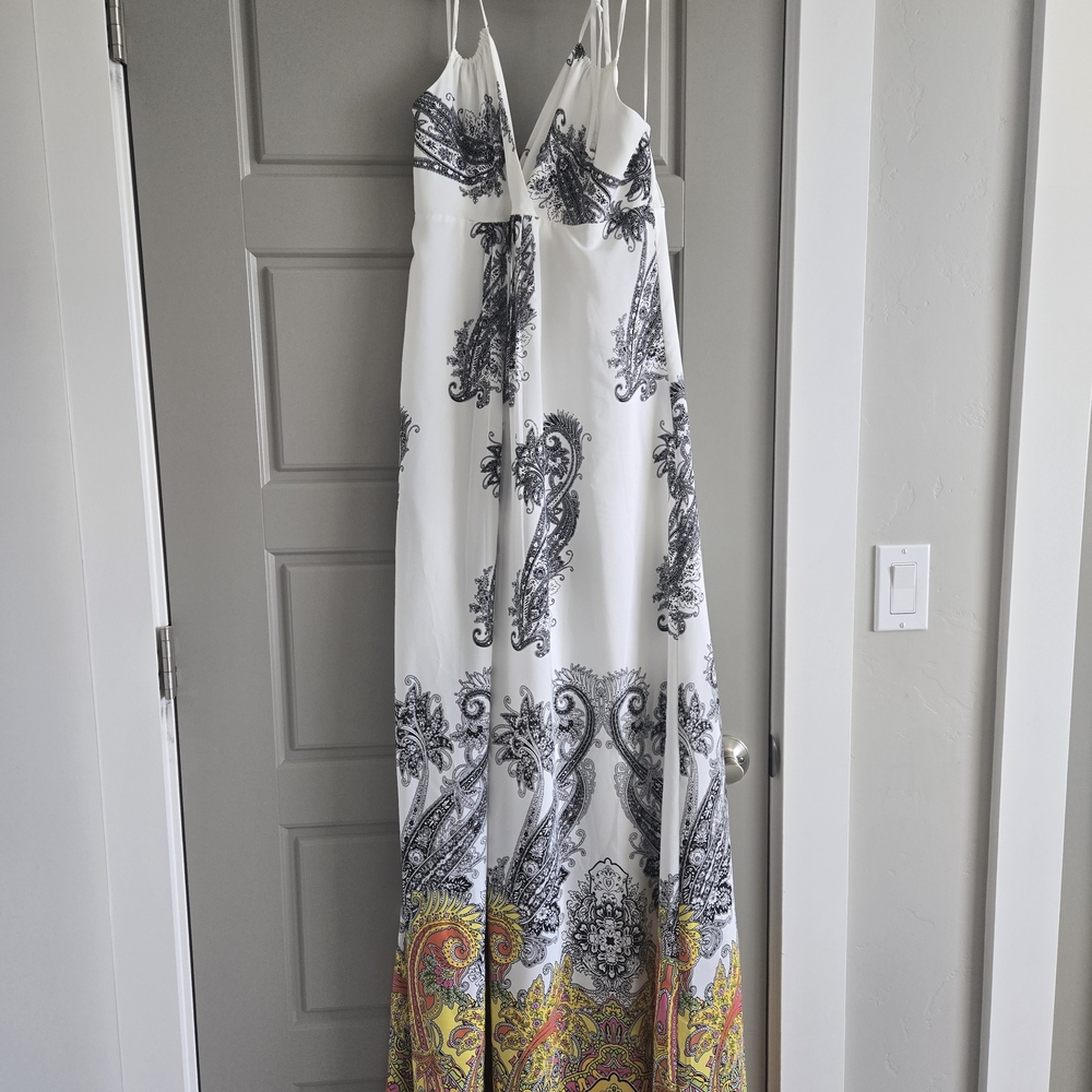 Cache White and Black Paisley Maxi Dress with Yellow Accents